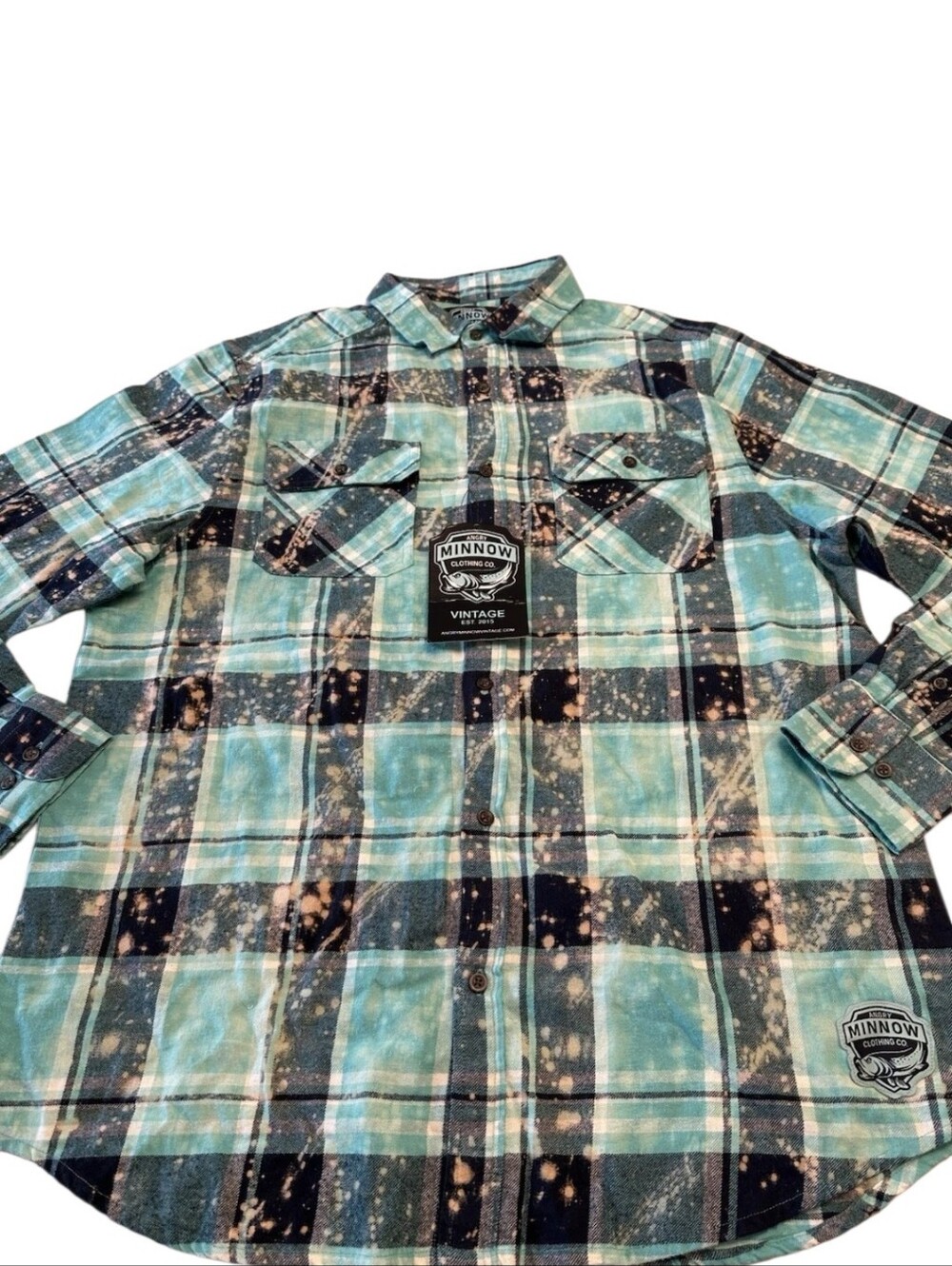 Minnow Vintage Plaid Button-Down Shirt - Teal & Black Bleached